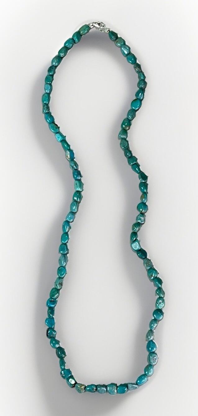 Hand Strung Kingman Turquoise Nugget Bead Necklace 26” Sterling Silver 925 36.9g